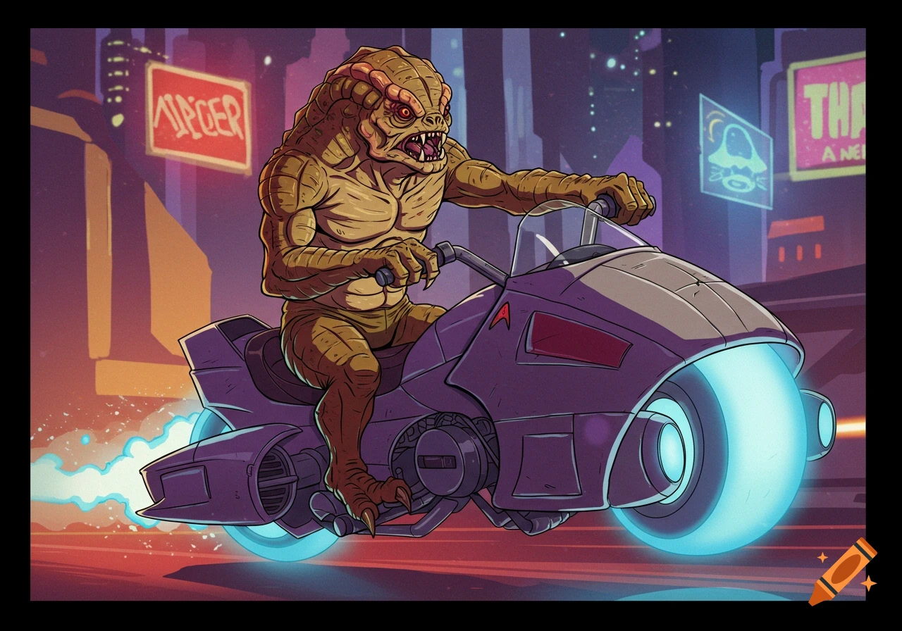 A stylized illustration of a Gorn alien riding a futuristic light cycle through a city at night.