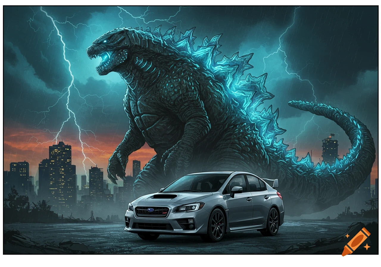 Giant Godzilla stands behind a silver Subaru WRX in a stormy, lightning-filled city. Illustrated style.