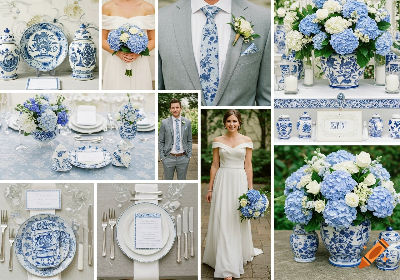 A mood board showcasing a blue and white chinoiserie wedding theme with decor, table settings, a bride, and groom.