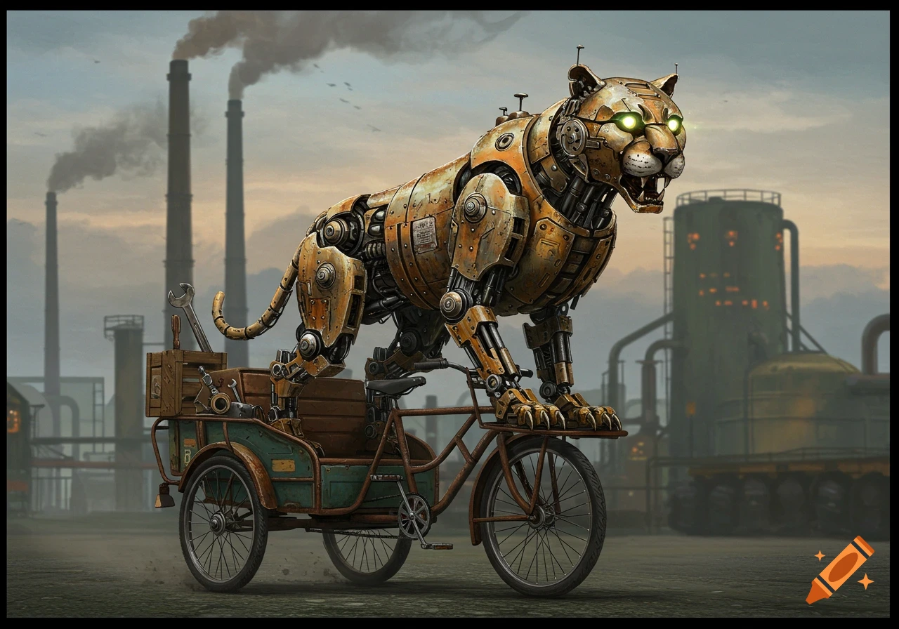 A large mechanical puma rides in a bakfiets in an industrial setting.