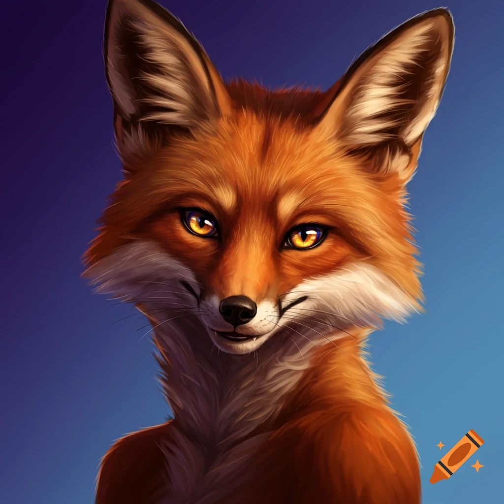 Close-up digital art portrait of an orange fox with glowing yellow eyes.