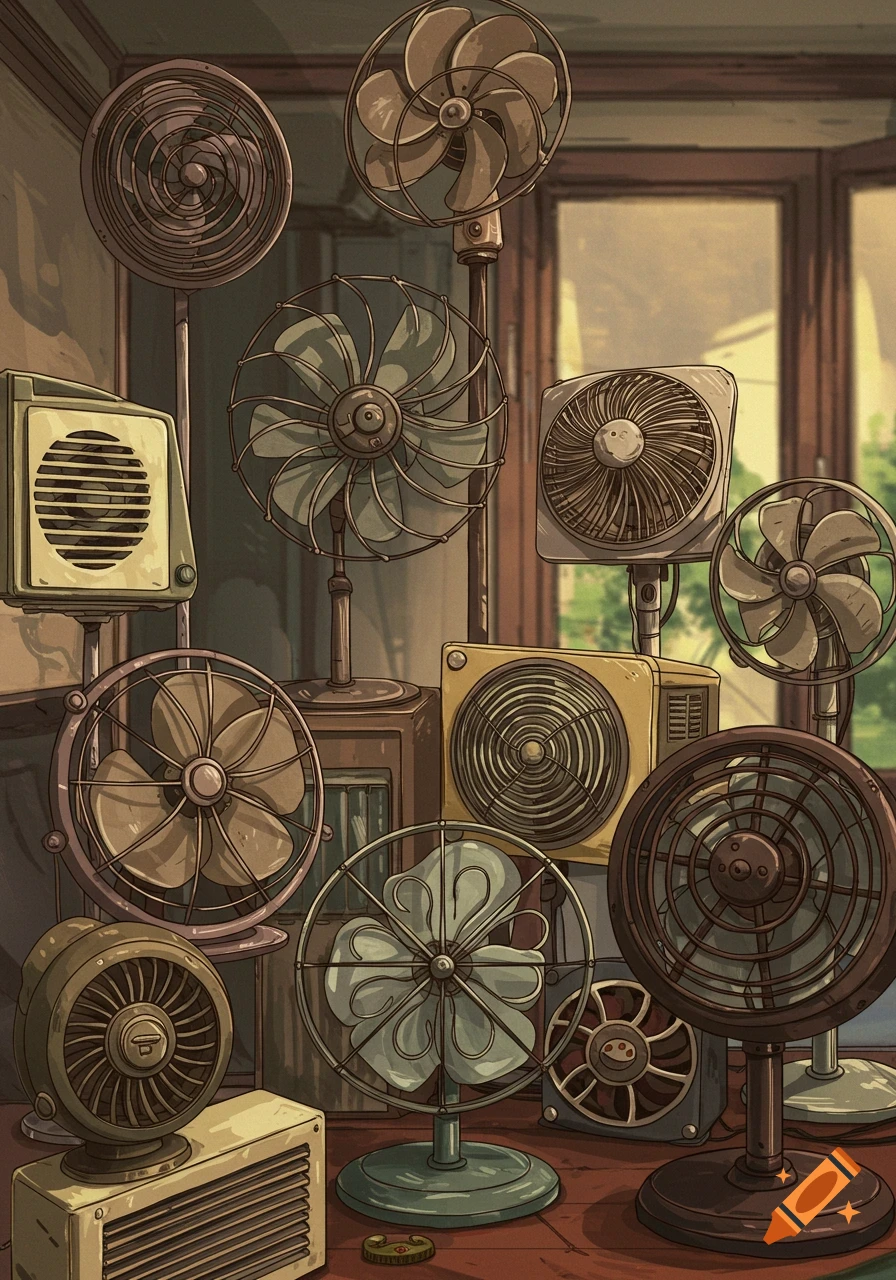 An illustration of a collection of various fans in a room.