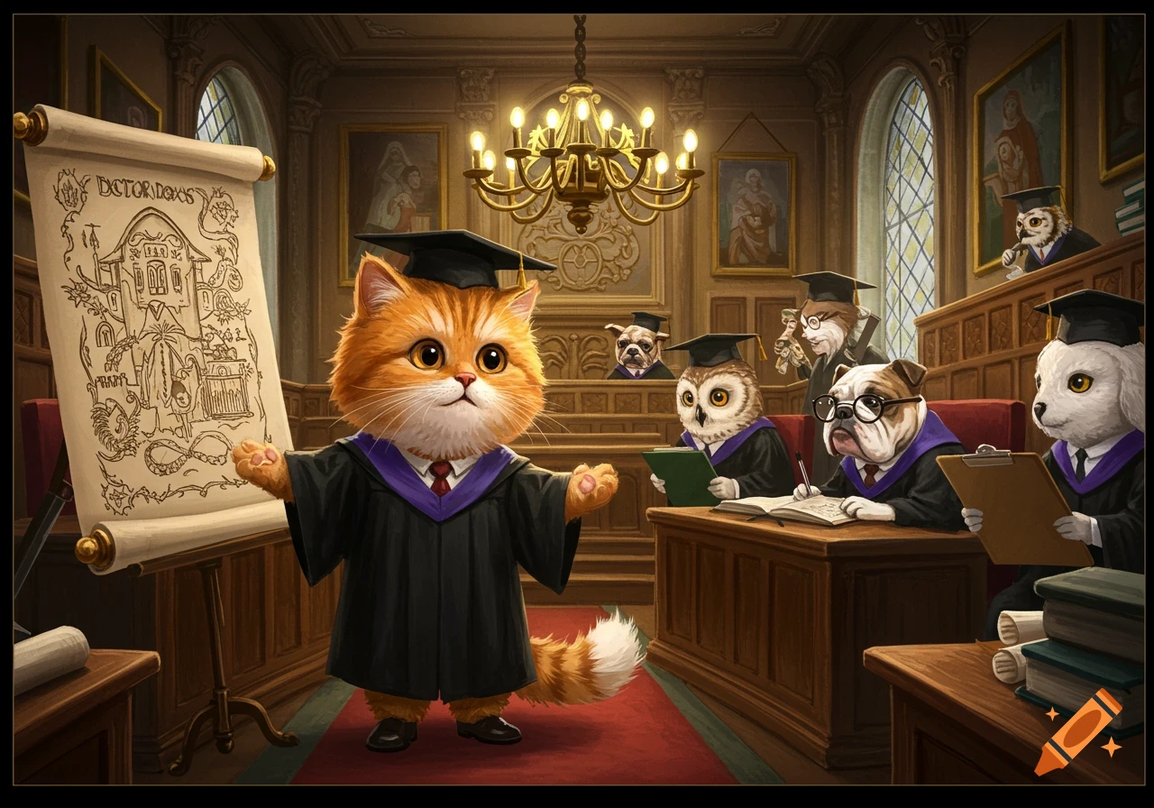 An orange cat in a graduation robe stands next to a scroll, defending a thesis before an animal committee in a classroom.