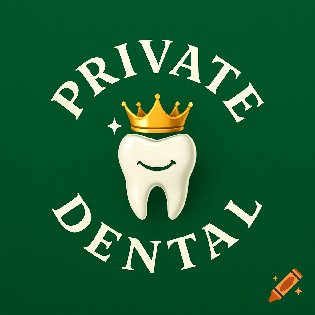 Logo for Private Dental: a tooth with a gold crown and smile surrounded by the words PRIVATE DENTAL on a green background.