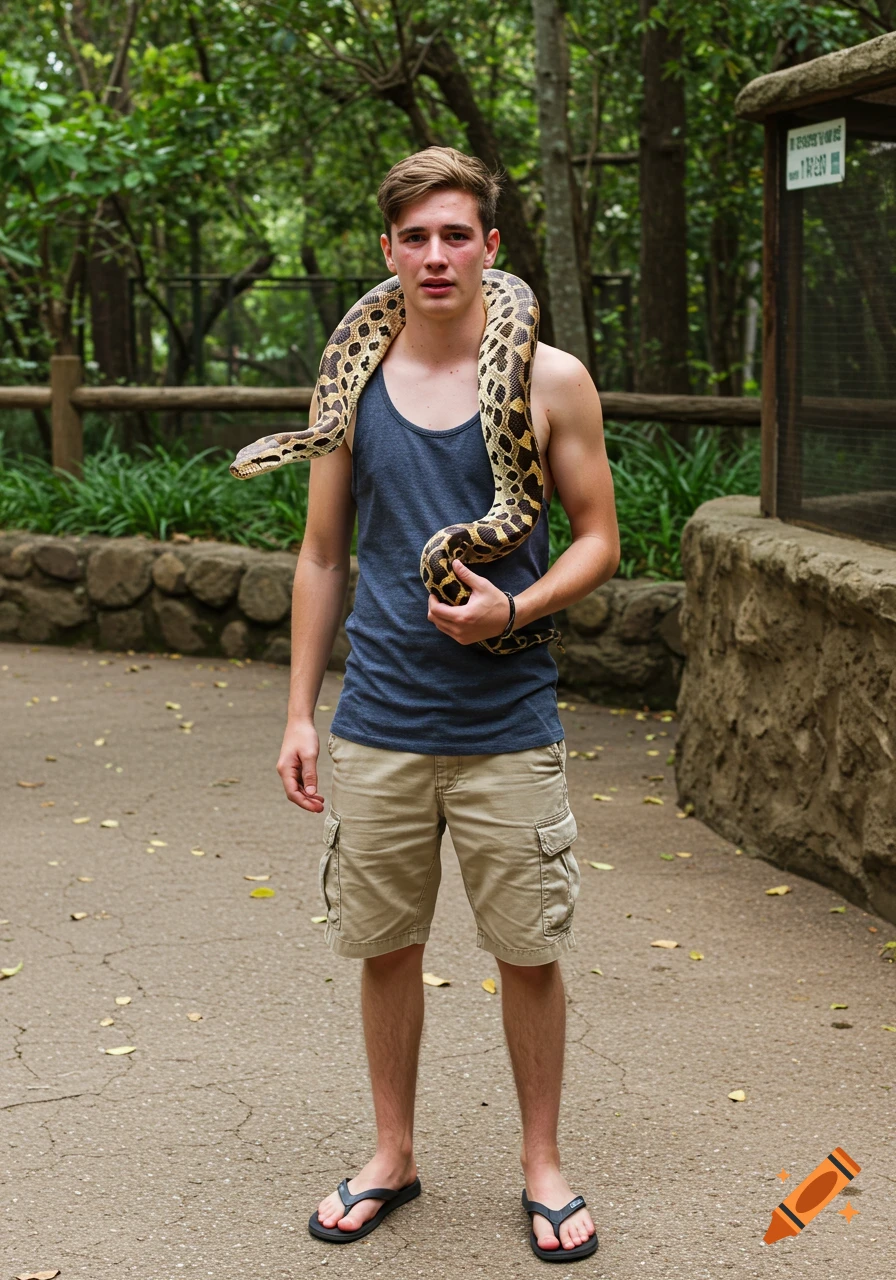 Young man with a nervous expression holding a snake around his shoulders at a zoo.