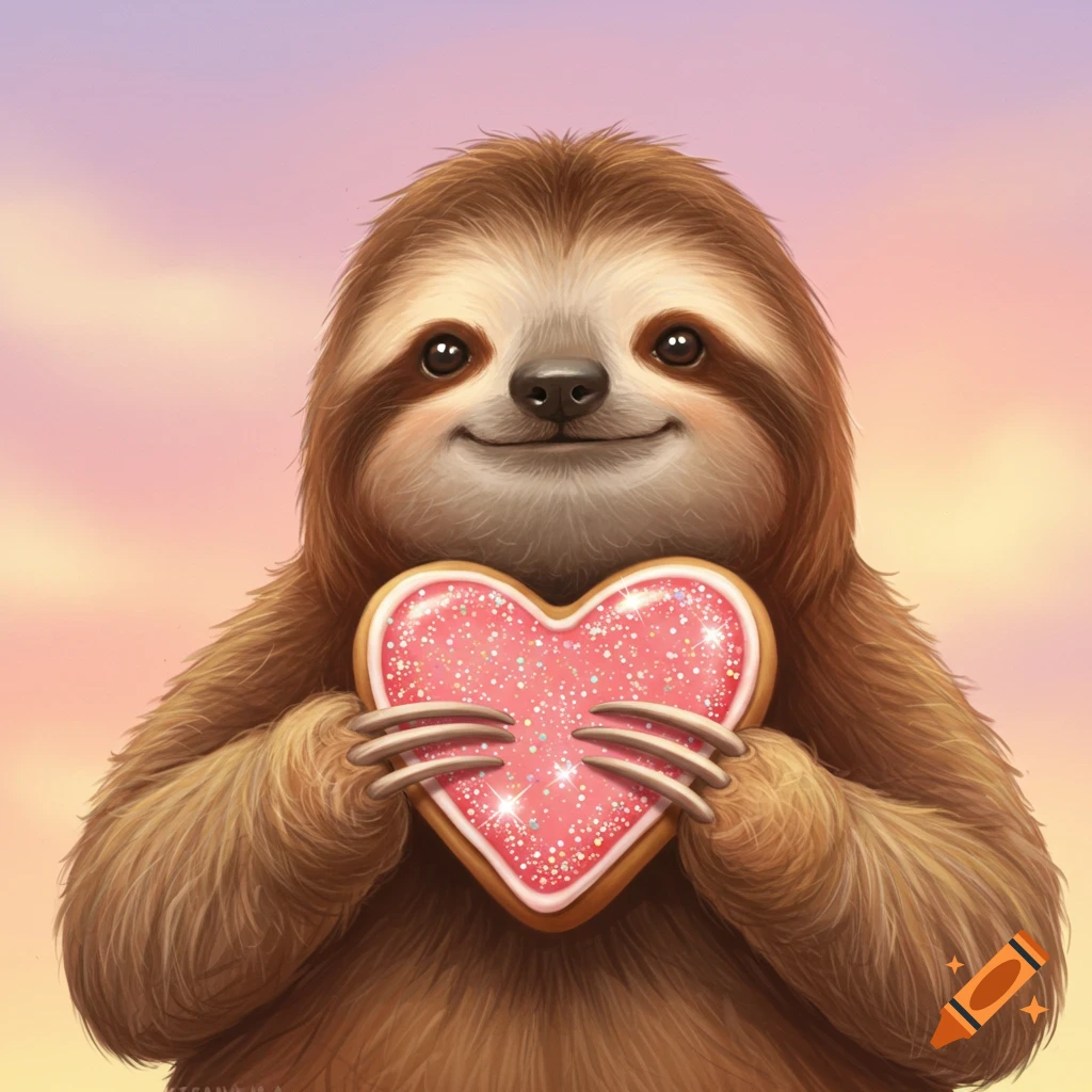 Cute illustration of a sloth holding a glittery pink heart cookie