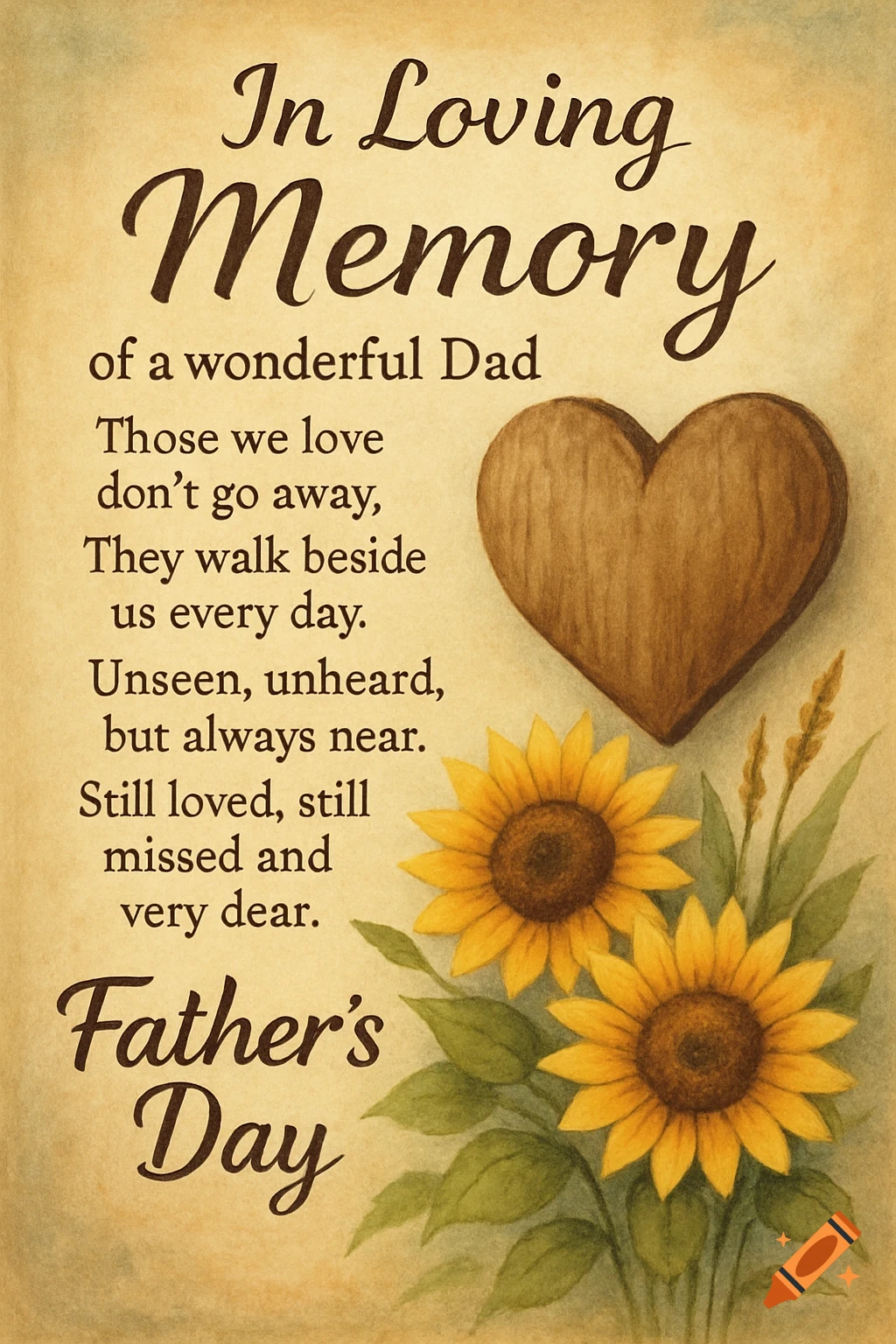 A rustic illustration of a heart and sunflowers, with a memorial verse for Father's Day.