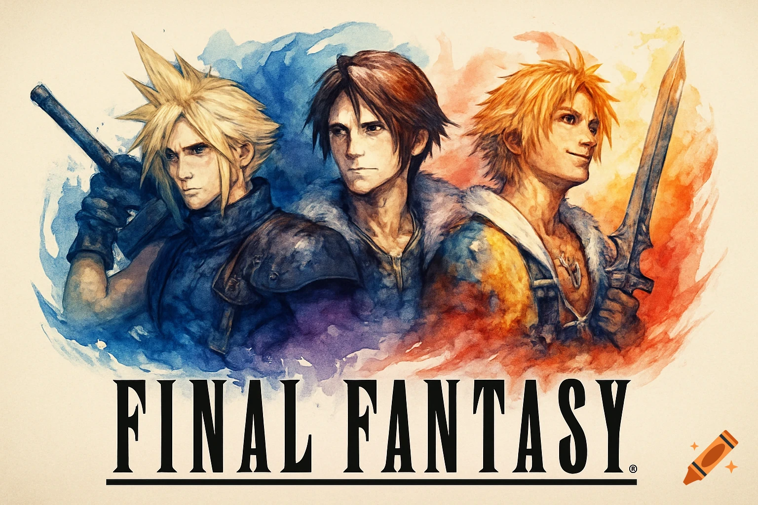 Watercolor illustration of Cloud, Squall, and Tidus with the text "FINAL FANTASY".