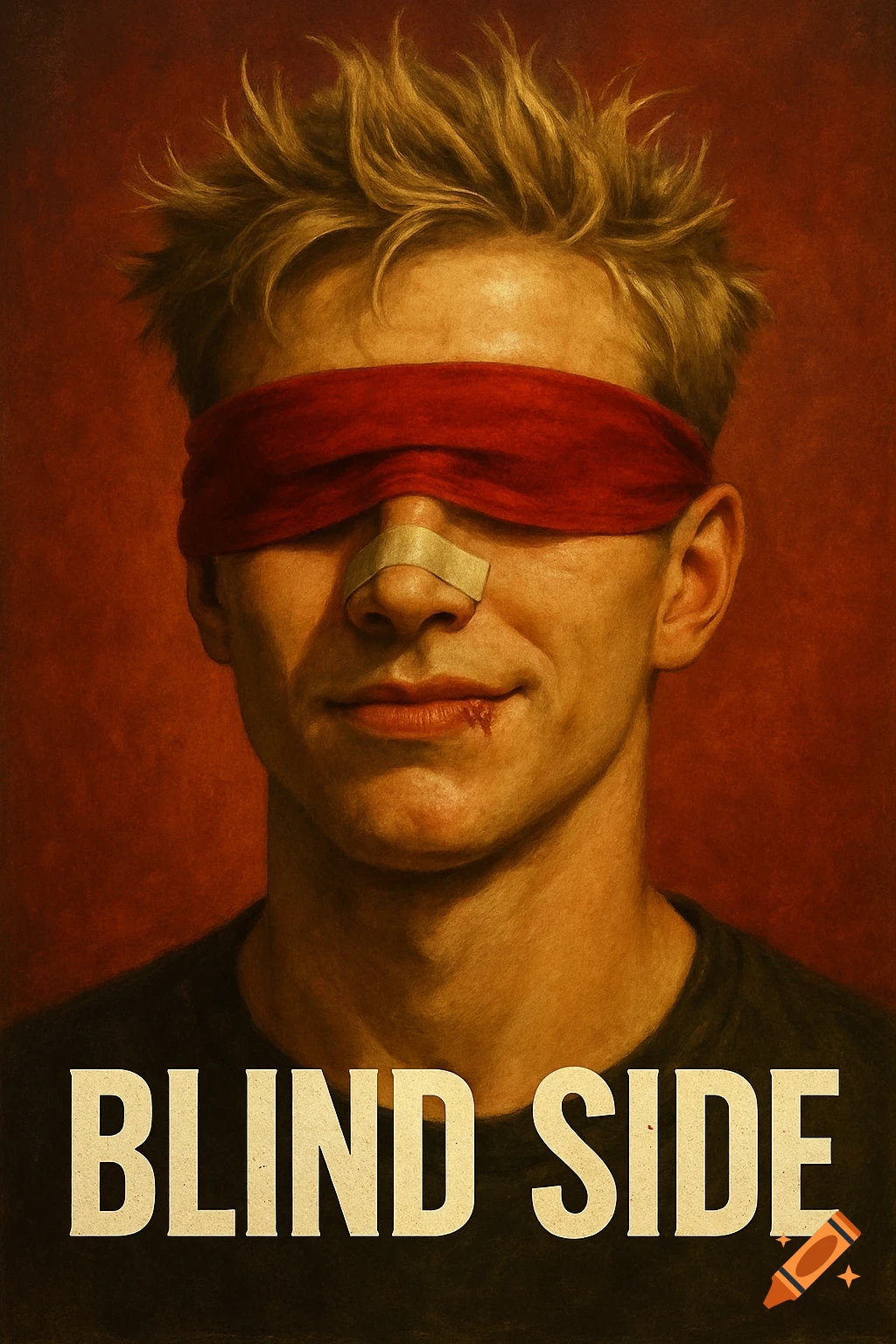 Painterly style movie poster featuring a man with a red blindfold and nose bandage below the text "BLIND SIDE".