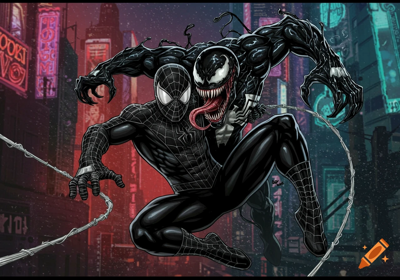 Black suit Spider-Man and Venom fighting in a city, comic book illustration.