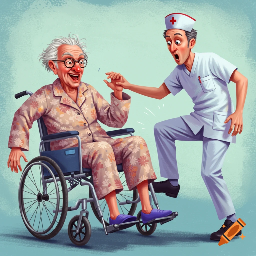 Cartoon illustration of a laughing elderly patient in a wheelchair kicking a startled nurse.