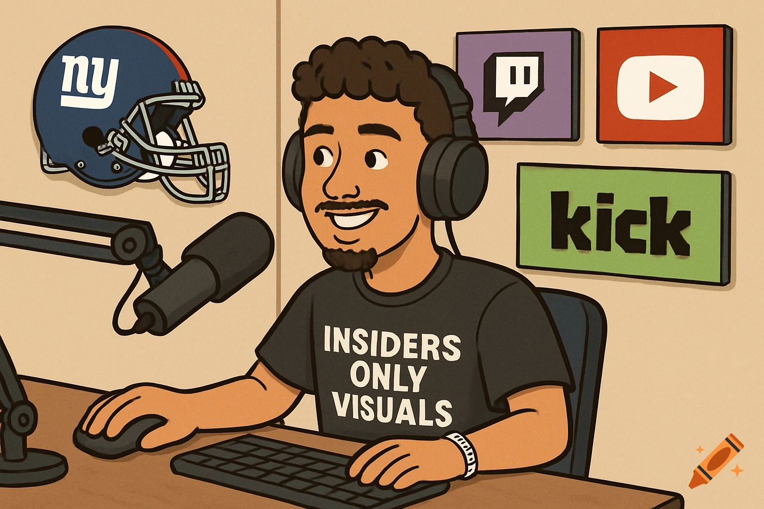 Cartoon man streaming at a desk with a New York Giants helmet and logos for Twitch, YouTube, and Kick.