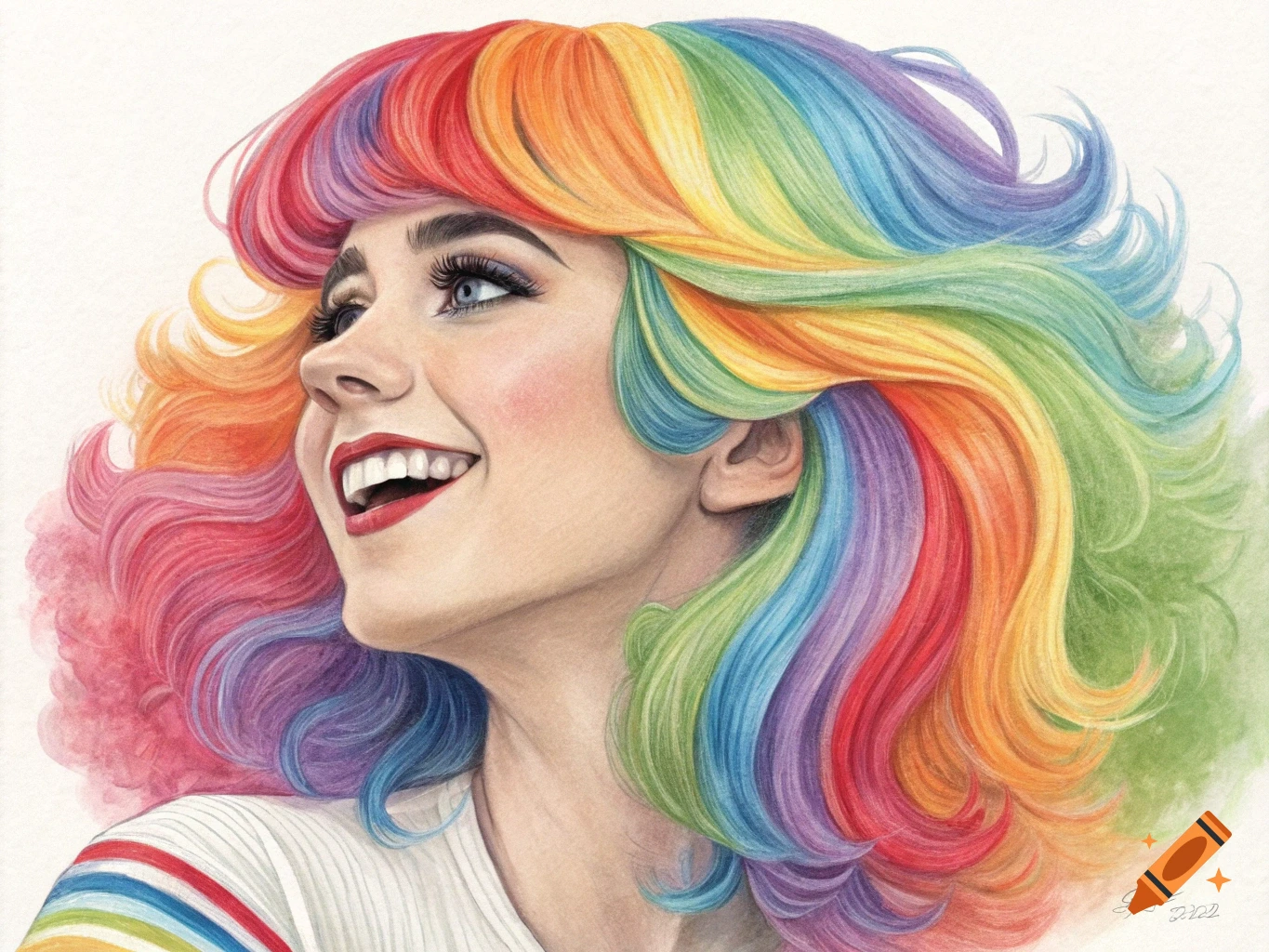 Colored pencil drawing of a woman with vibrant rainbow hair smiling.