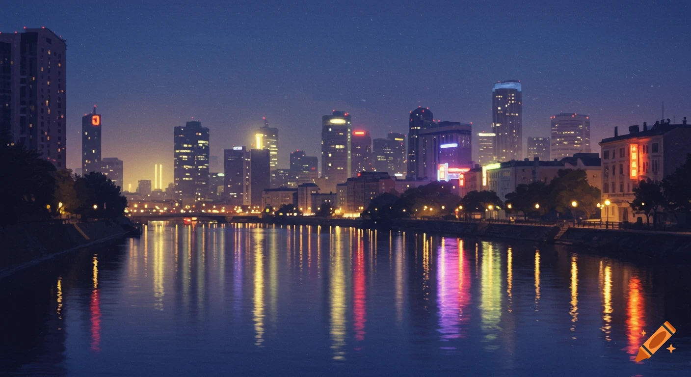A night view of a city skyline reflected in a river, with glowing building lights.