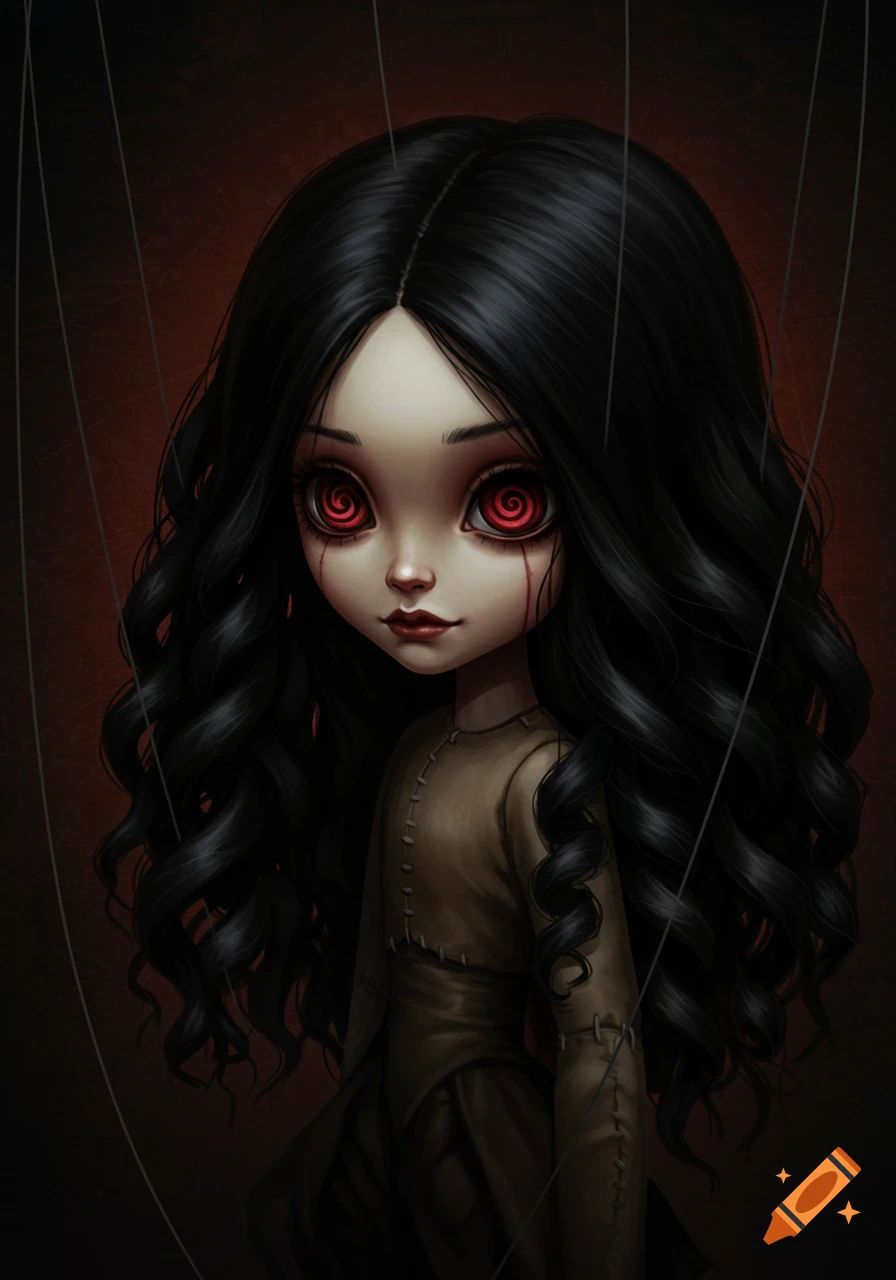 A gothic-style portrait of a marionette doll with swirling red eyes and black hair.