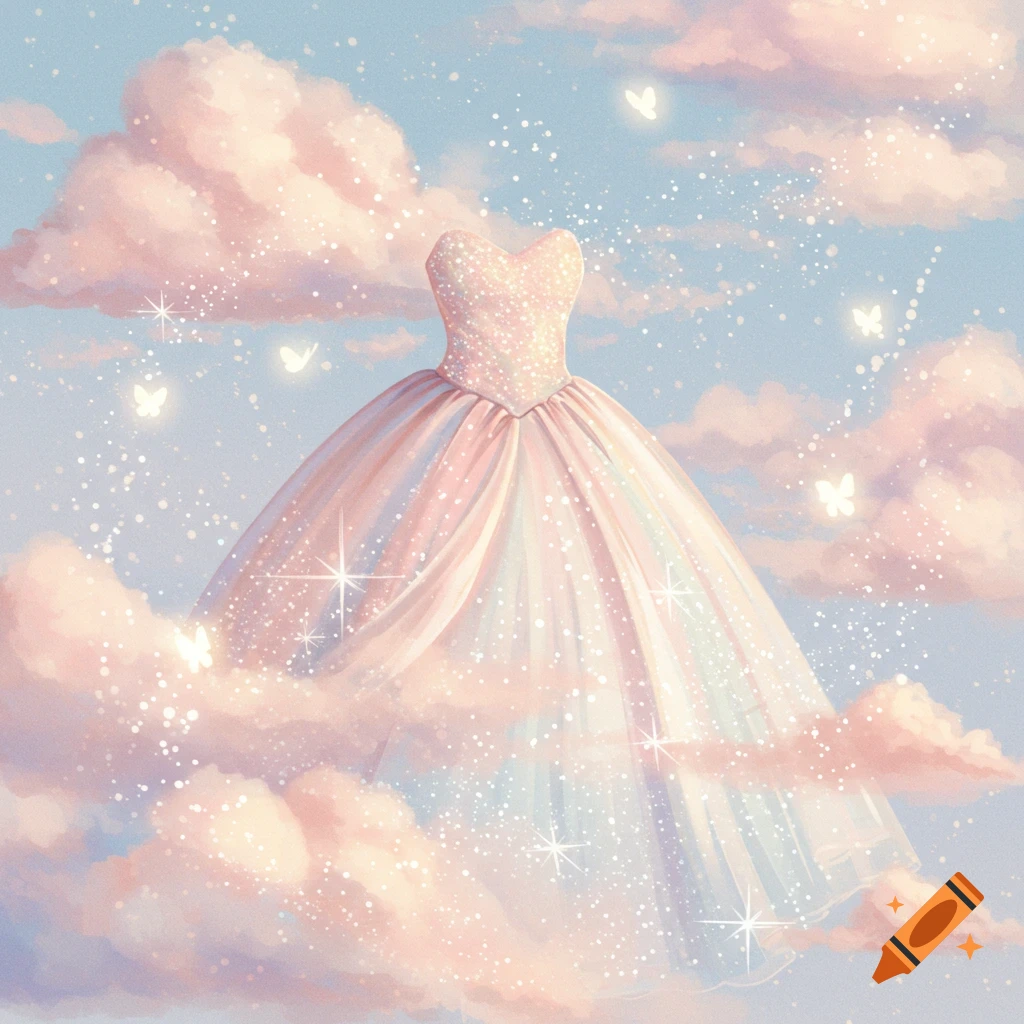 A sparkly dress floats among pink clouds in a pastel sky with butterflies and glitter.