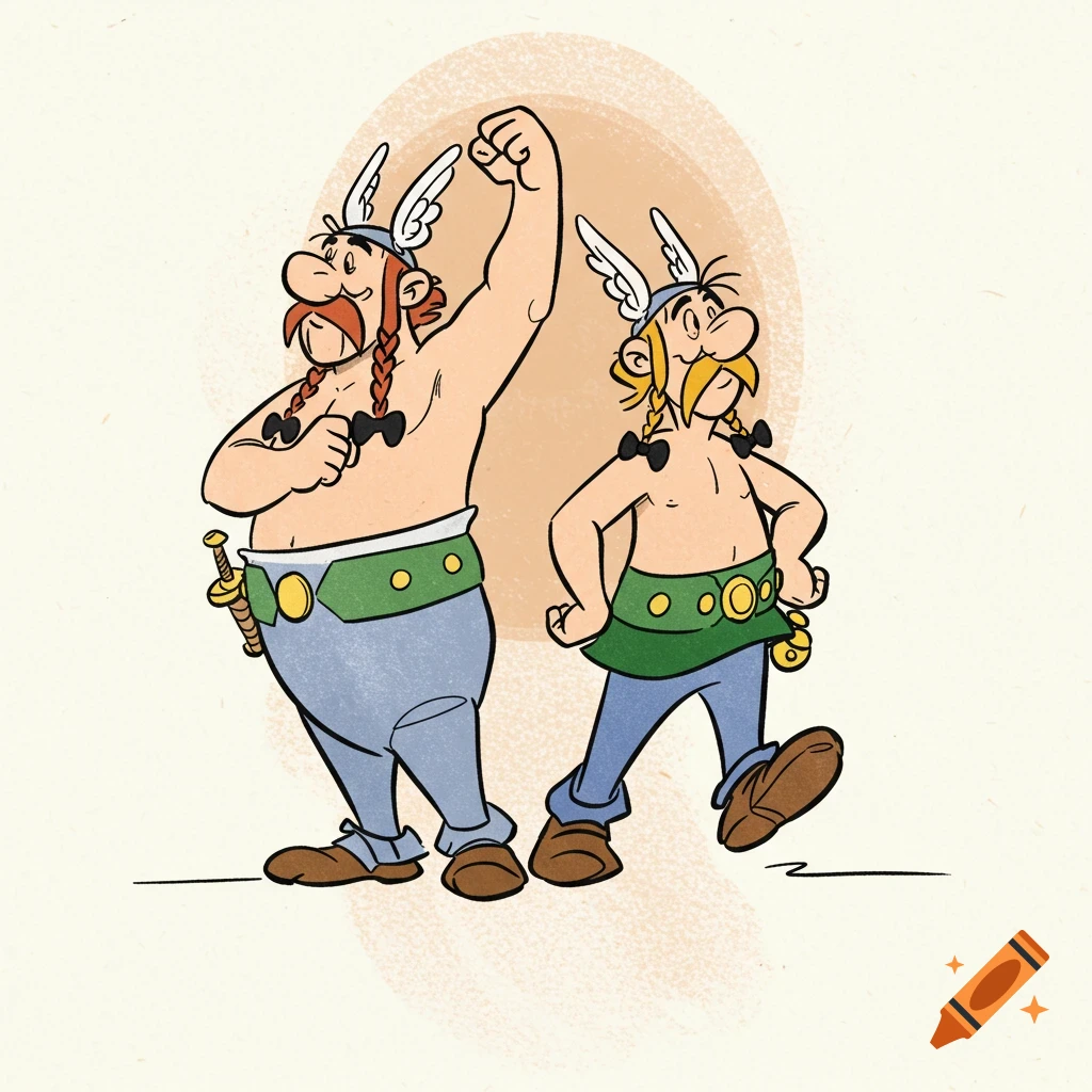 Asterix and Obelix in a comic book style illustration