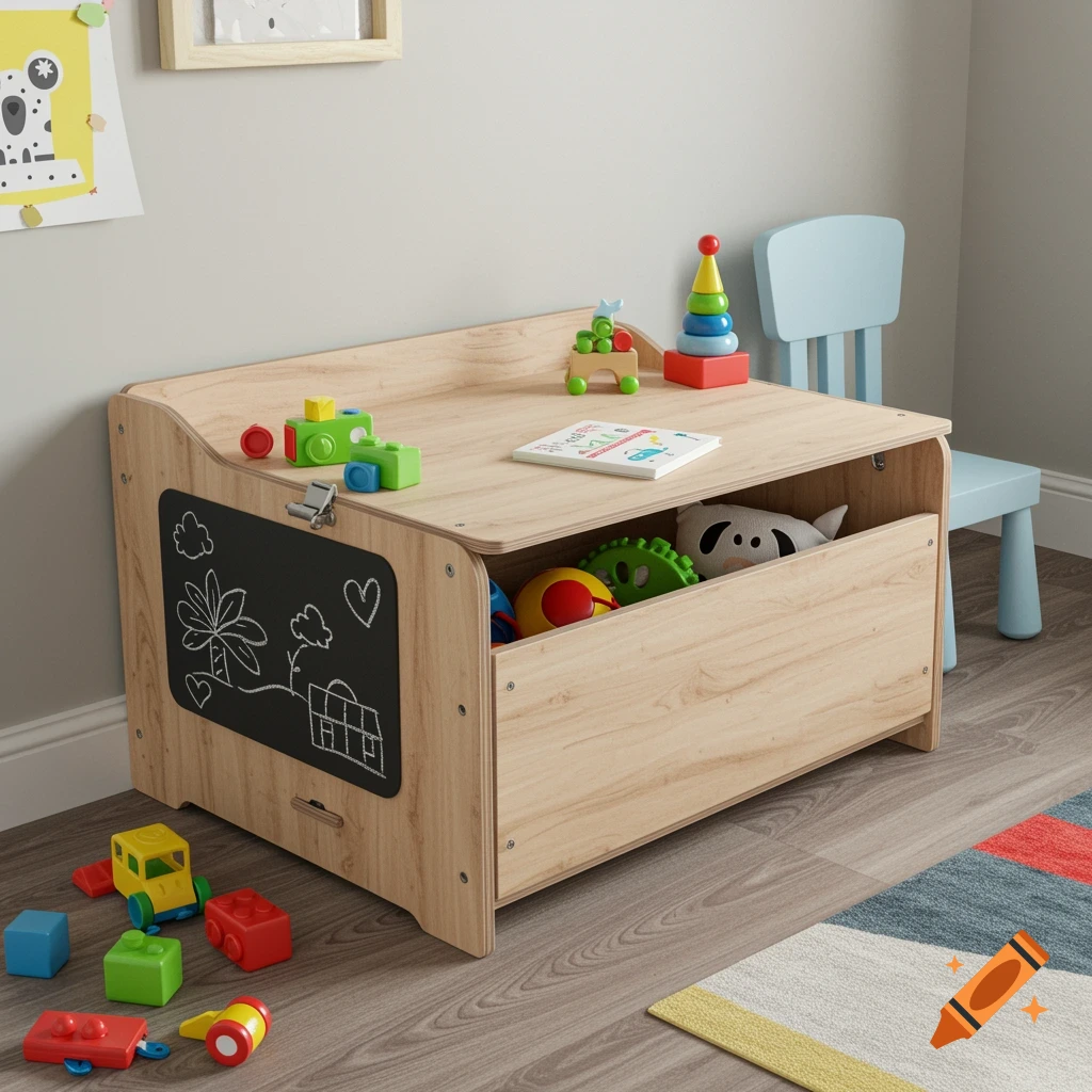 A wooden toy box that doubles as a table, filled with colorful toys, sits on a rug in a child's room with toys scattered on the floor.