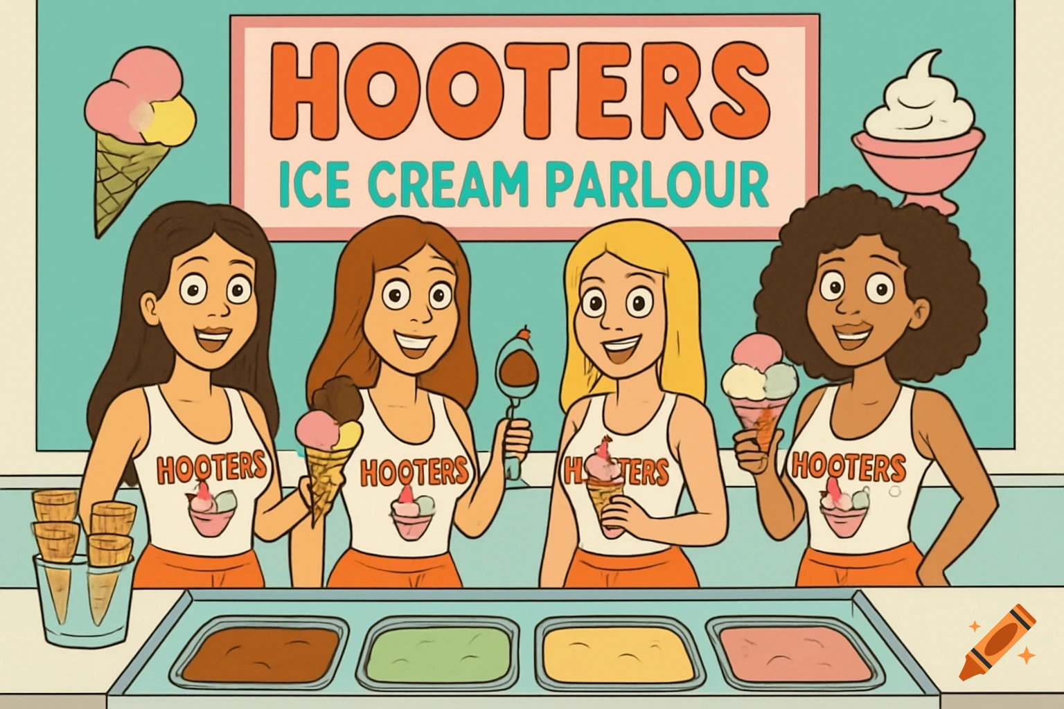 Cartoon image of four women in Hooters-style outfits selling ice cream in a parlour.