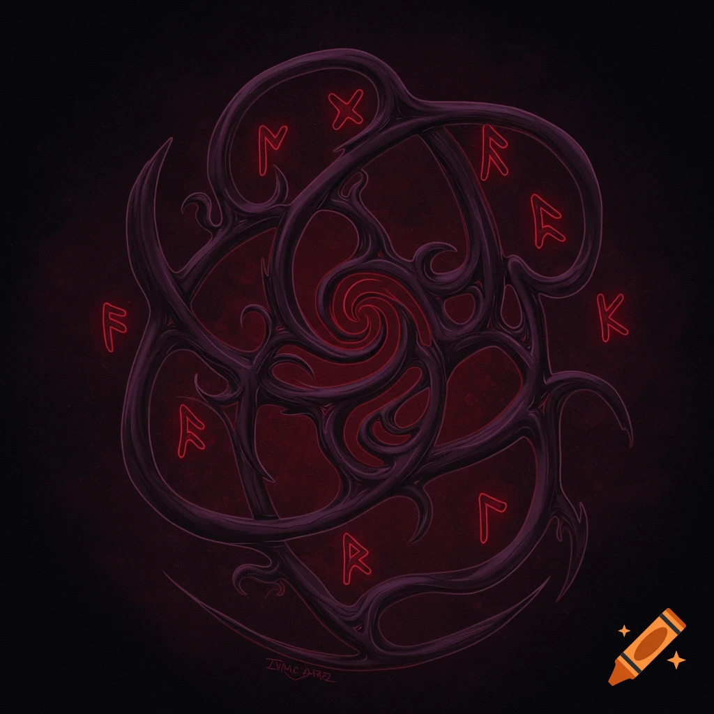 An intricate gothic sigil design with red glowing runes around a central spiral.