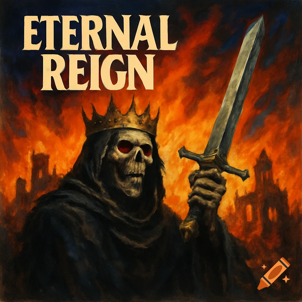 Dark fantasy painting of a skeletal king in a crown and cloak holding a sword against a fiery background with text 'ETERNAL REIGN'.