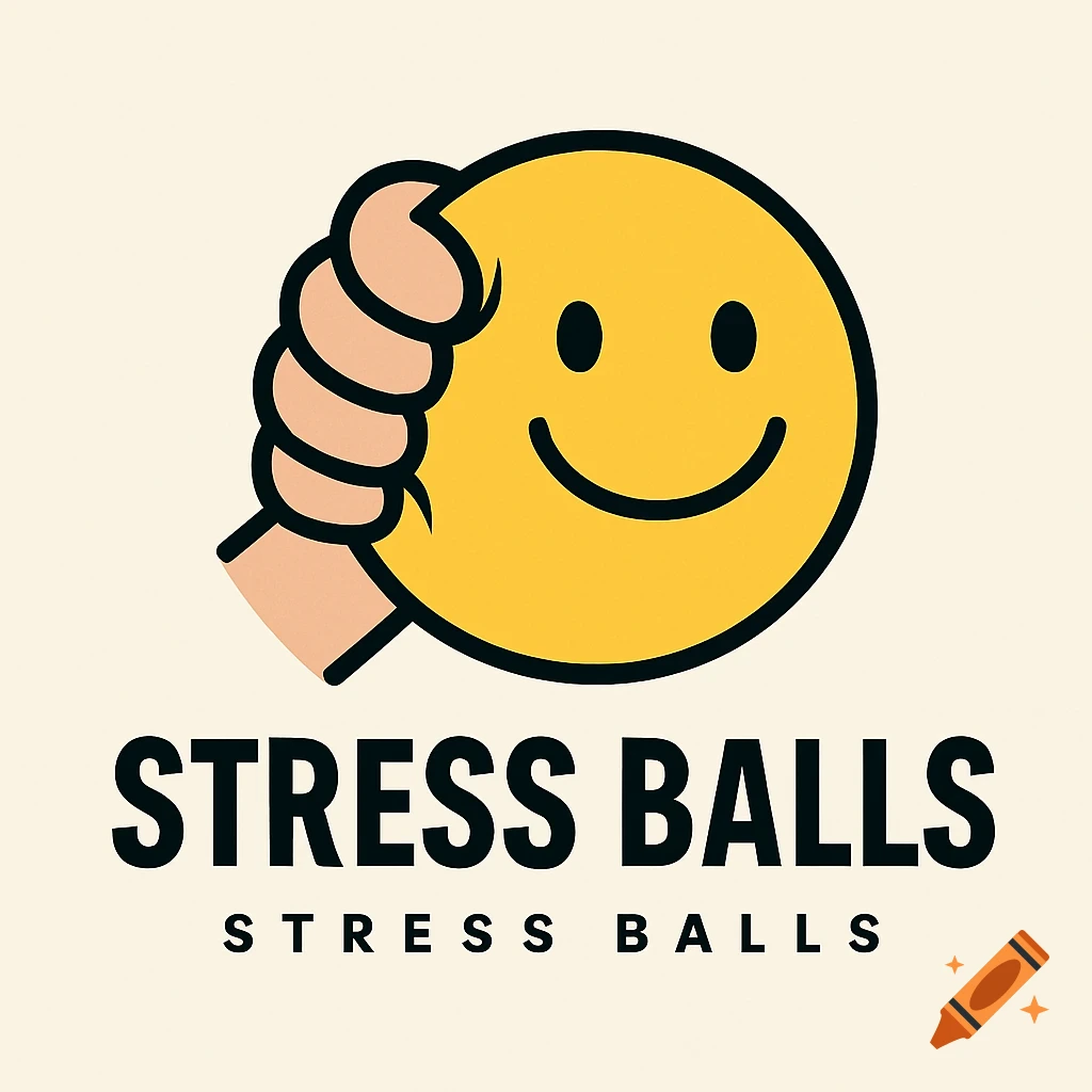 Logo of a hand squeezing a yellow smiley face ball with the text "Stress Balls"