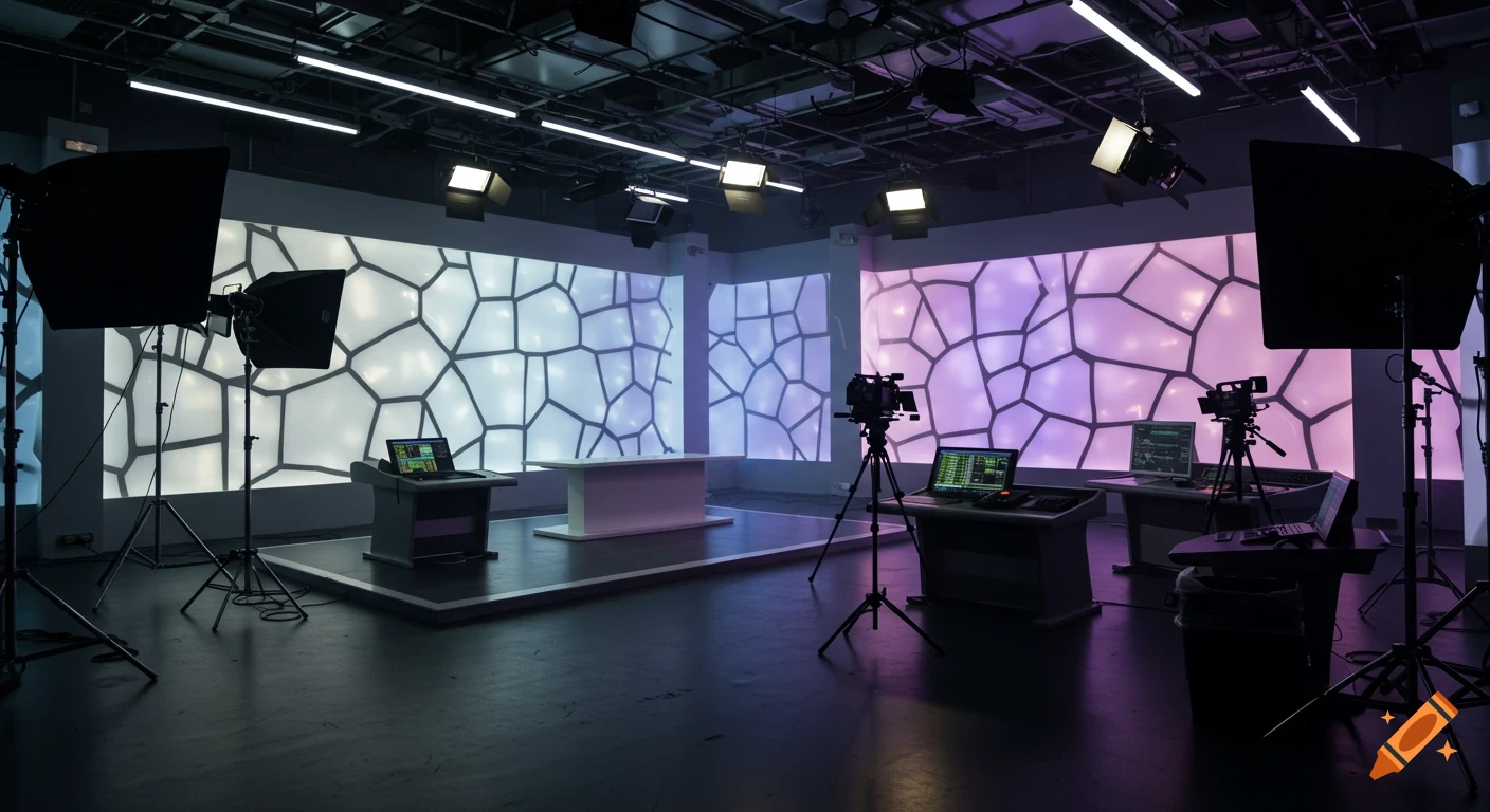 A professional virtual set studio with lighting equipment, cameras, and screens.
