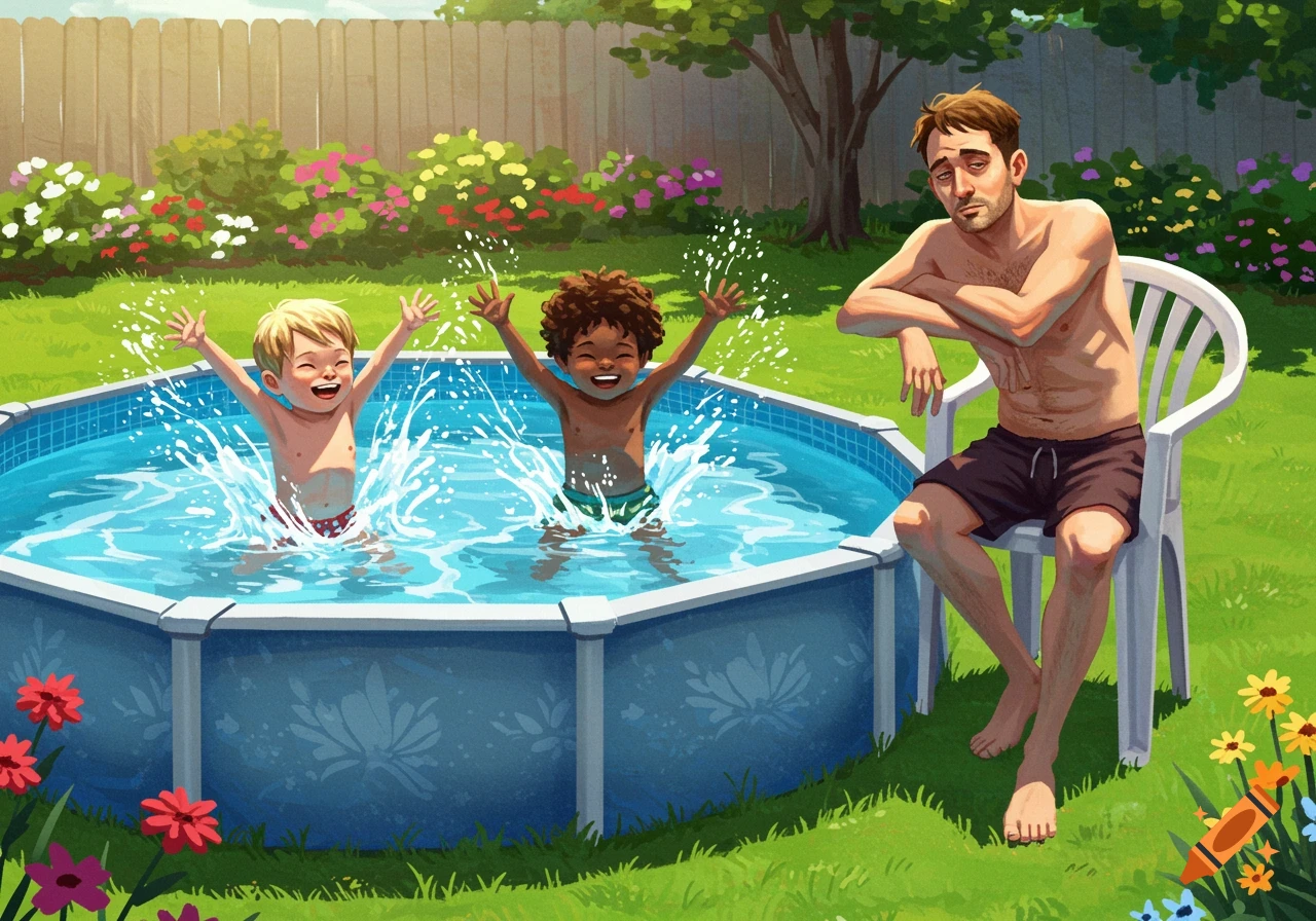 Two kids splash in a backyard pool while their father sits exhausted in a chair.