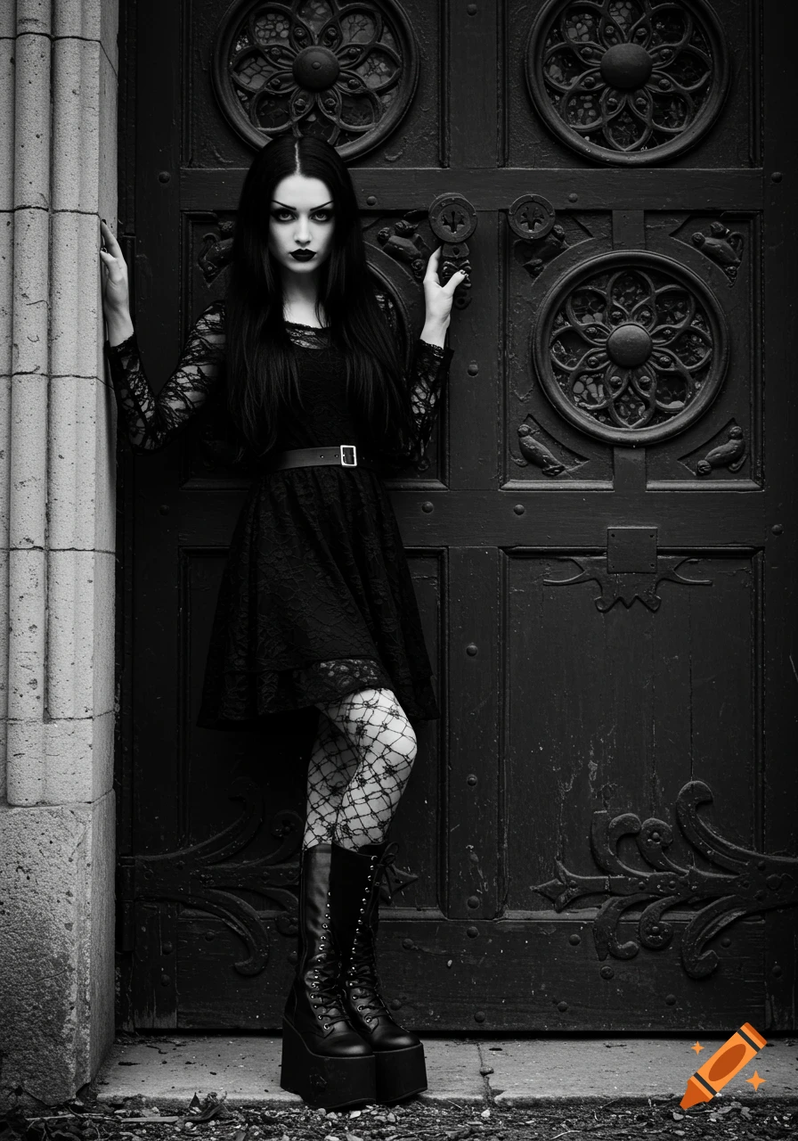 A goth woman in black dress and platform boots stands by an ornate door, black and white.