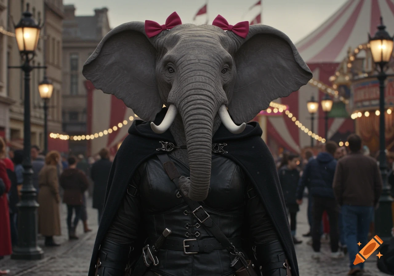 Photorealistic anthropomorphic elephant in black leather and cloak with pink bows stands in a crowded street with a circus in the background.