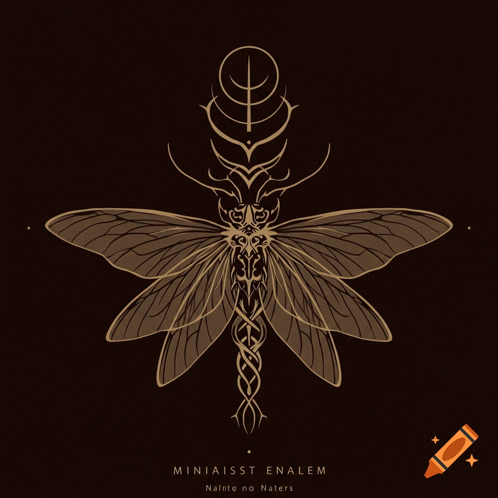 Stylized emblem of an insect with abstract patterns in dark earthy colors.