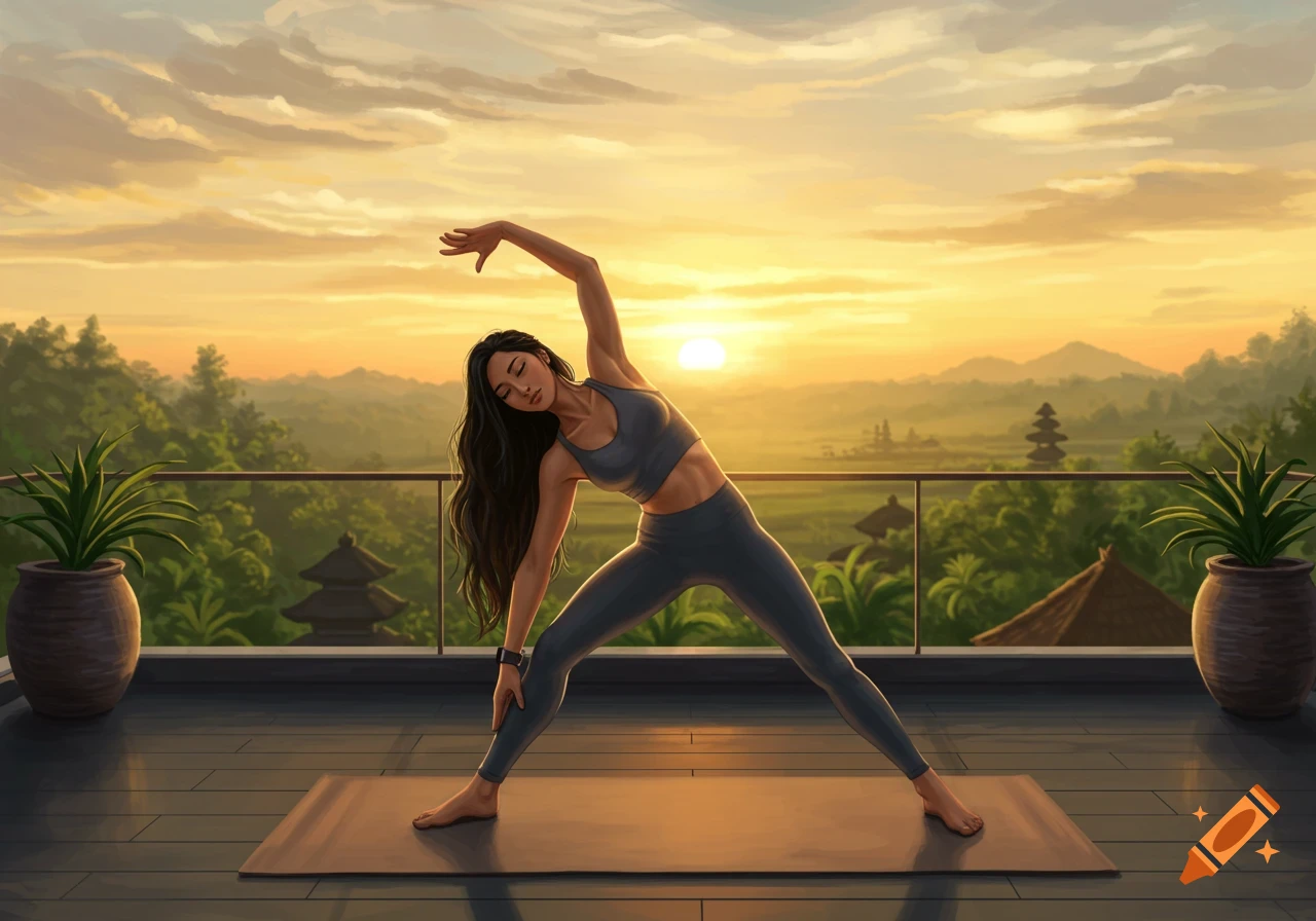 Illustration of a woman doing triangle pose yoga on a rooftop overlooking a Bali landscape at sunrise
