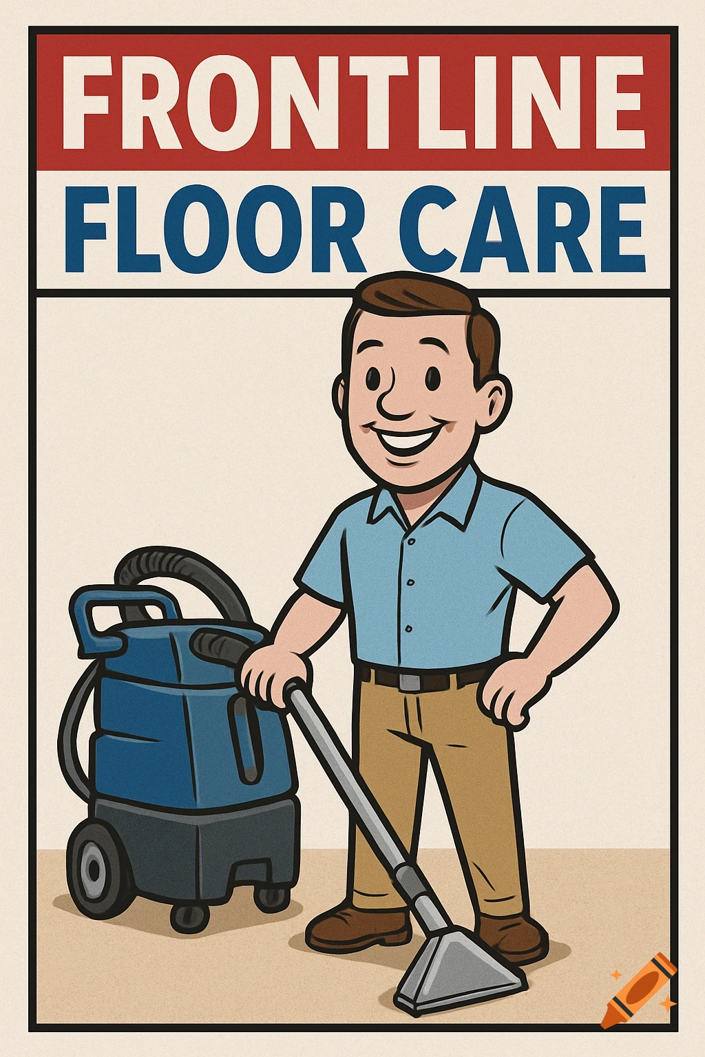 Cartoon poster of a smiling man with a vacuum, advertising "Frontline Floor Care".