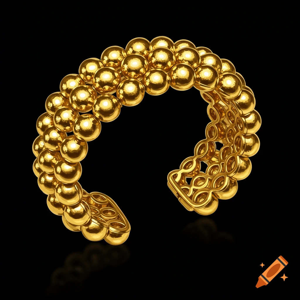 A gold cuff bracelet made of polished gold balls, against a black background.