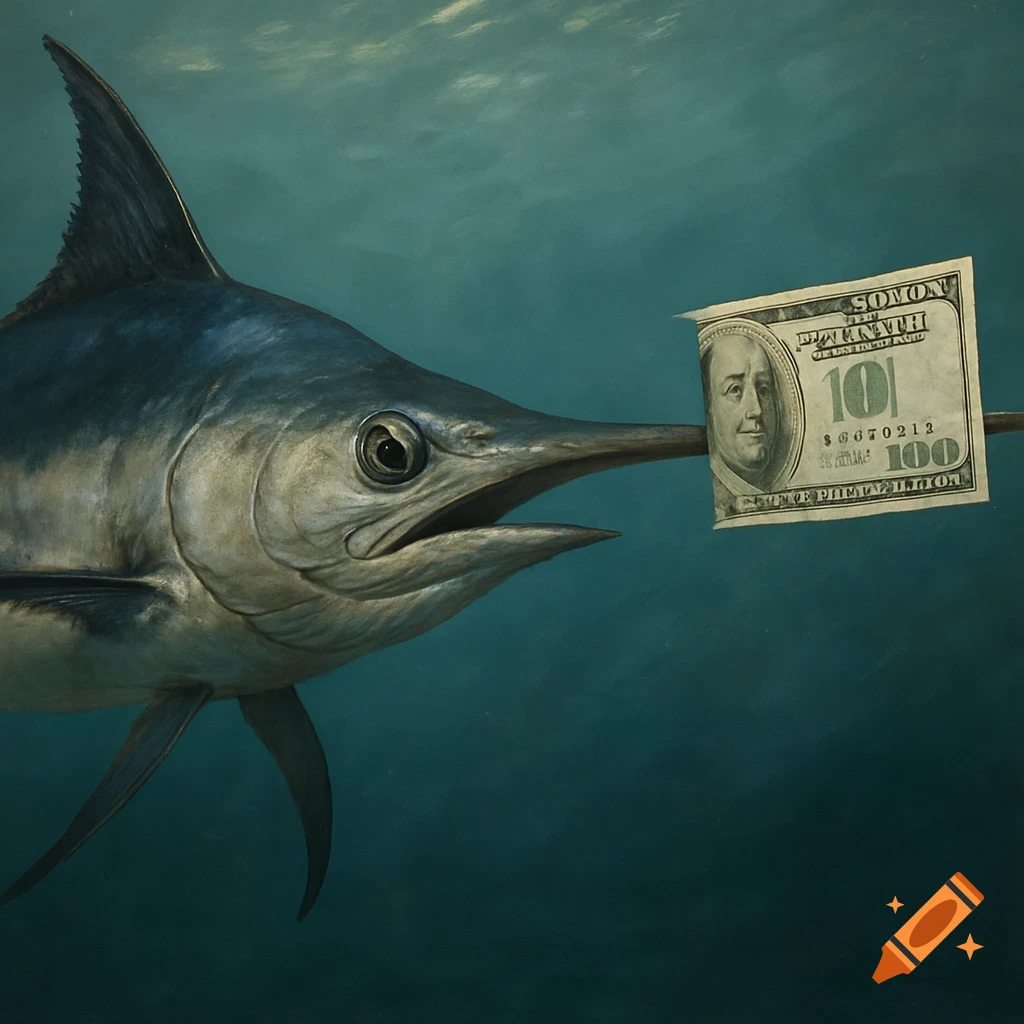 Realistic painting of a swordfish underwater with a dollar bill stuck on its bill.