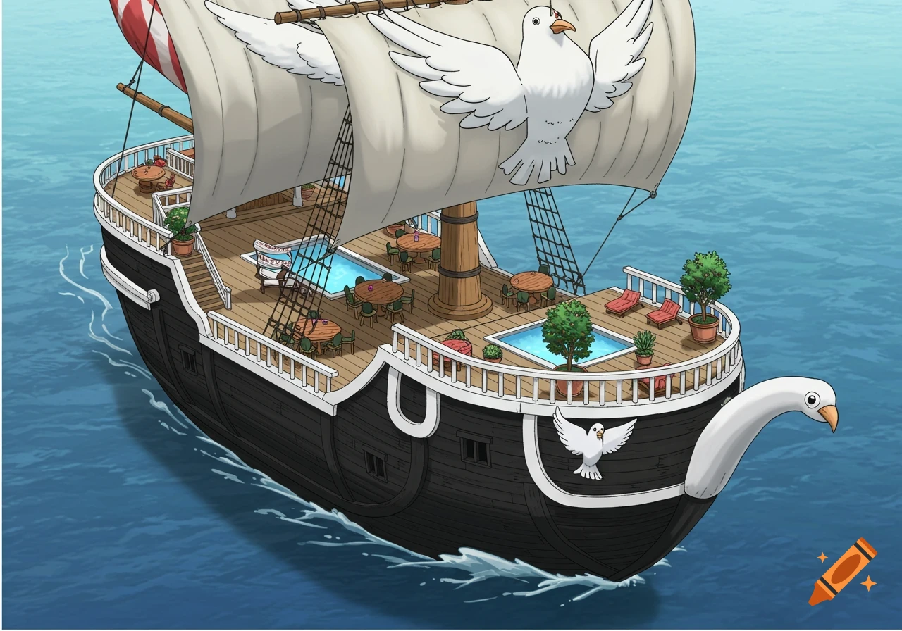 Anime style concept art of a large black and white pleasure ship with dove decorations, pools, and lounge areas.