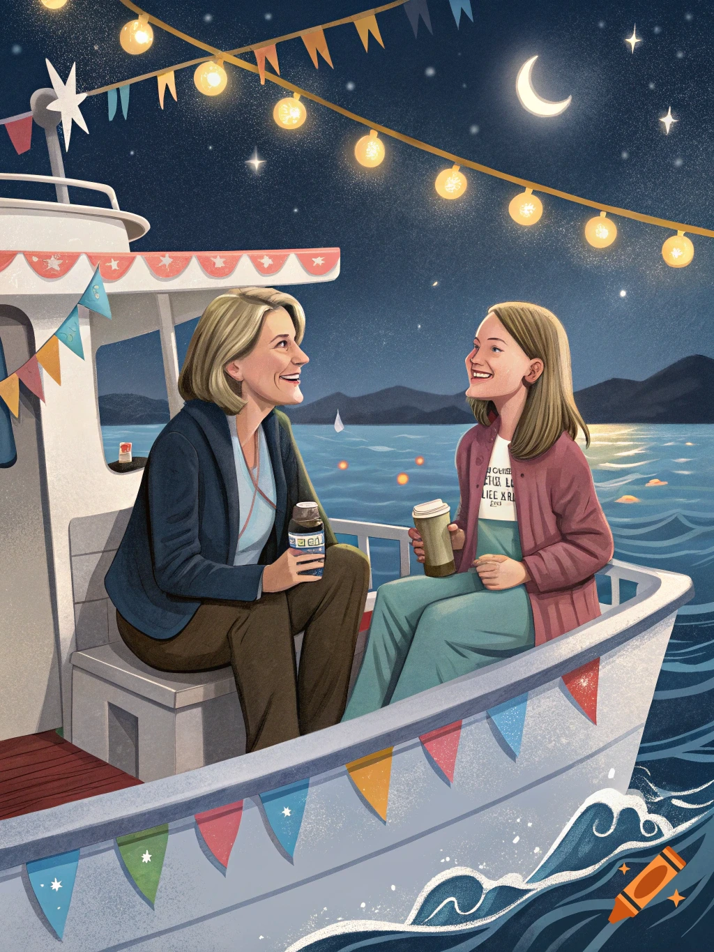 Illustration of two women sitting on a boat at night under string lights and a starry sky.