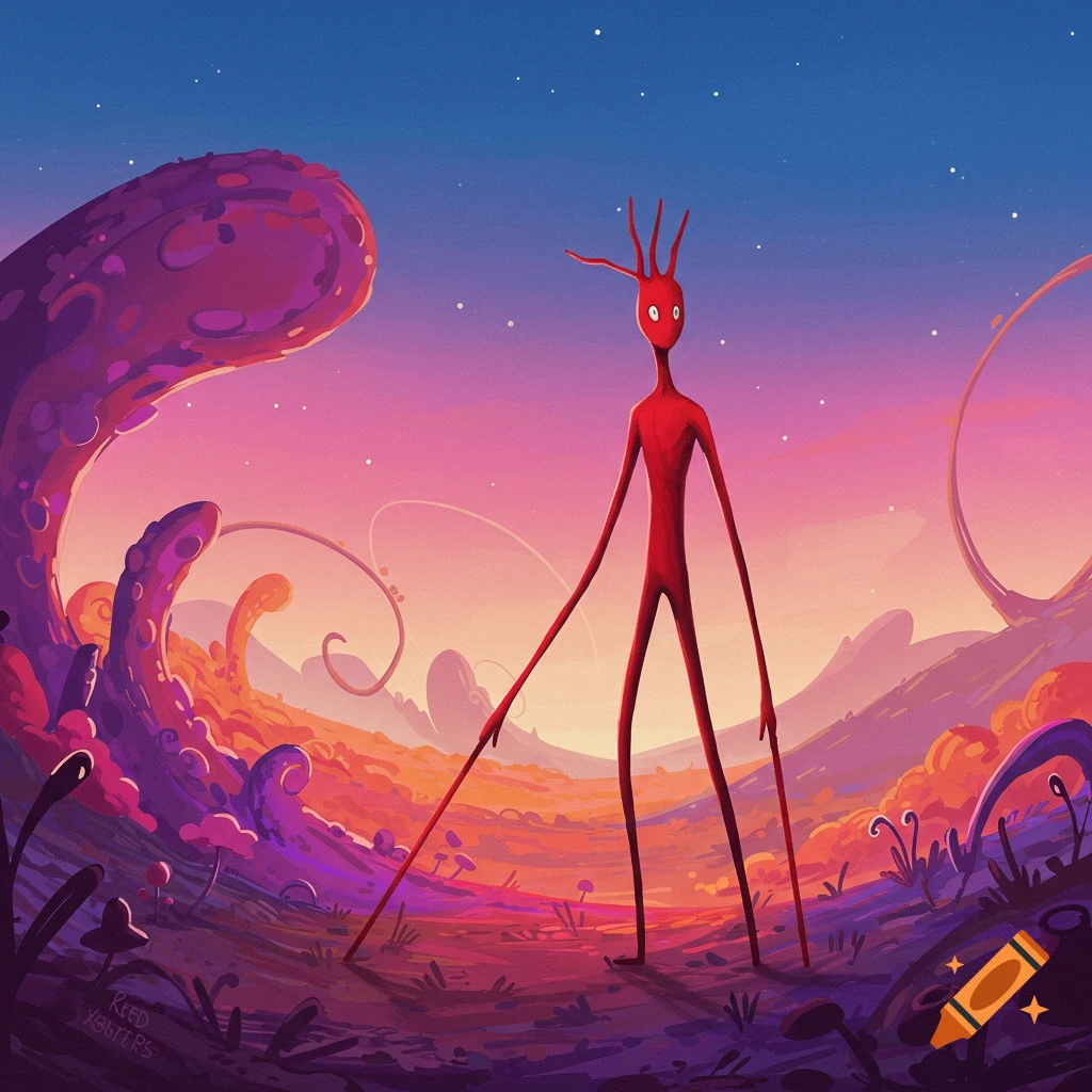 A tall red figure with long limbs stands in a stylized alien landscape under a twilight sky.