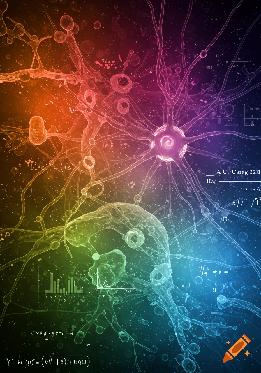 Abstract, colorful image showing neuron-like structures intertwined with mathematical formulas and symbols.