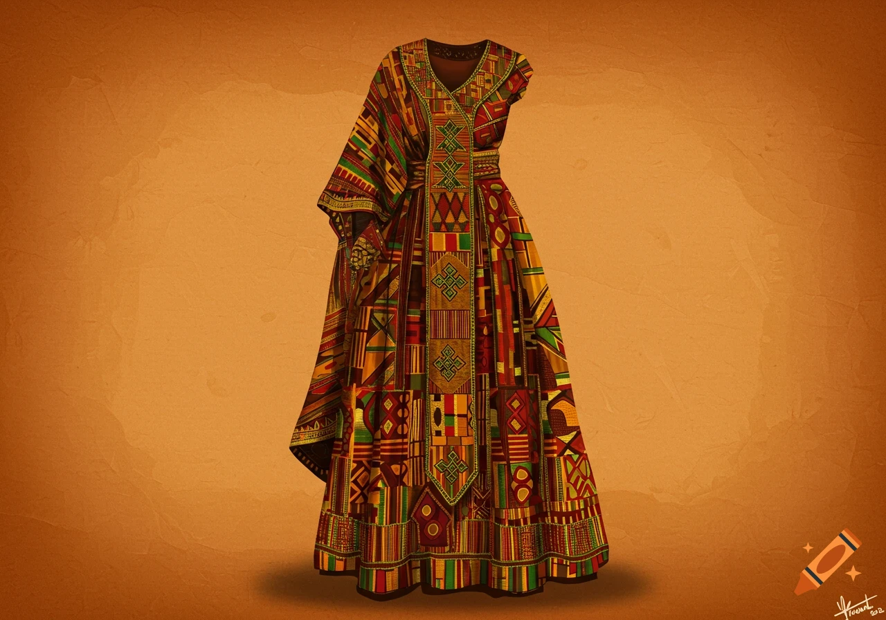 A traditional dress with colorful geometric African patterns