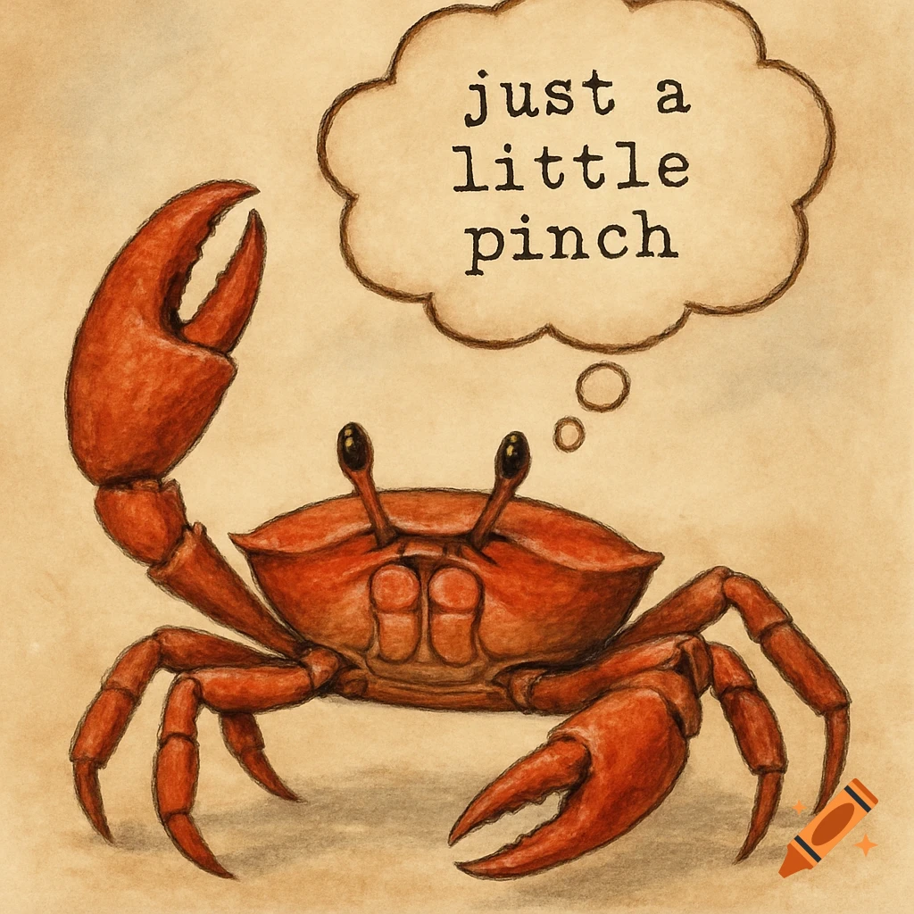 Drawing of a crab with a thought bubble saying "just a little pinch".