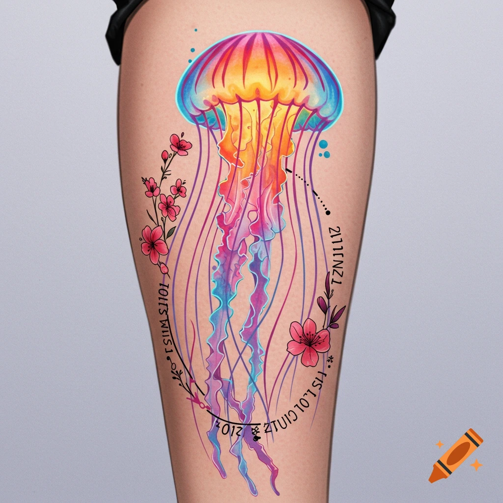 Colorful jellyfish tattoo with cherry blossoms on a leg