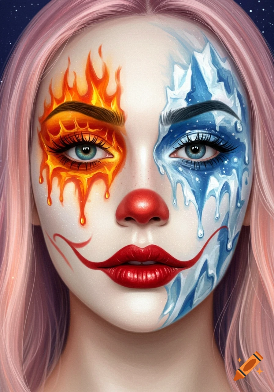Portrait of a person with clown-like makeup, one side fiery orange, the other icy blue.