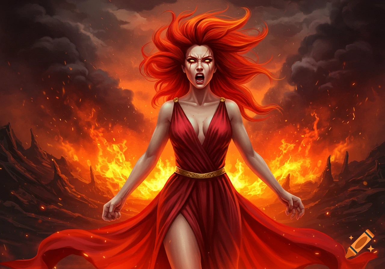 Red-haired woman in a flowing red dress stands dramatically in a volcanic landscape engulfed in fire and smoke.