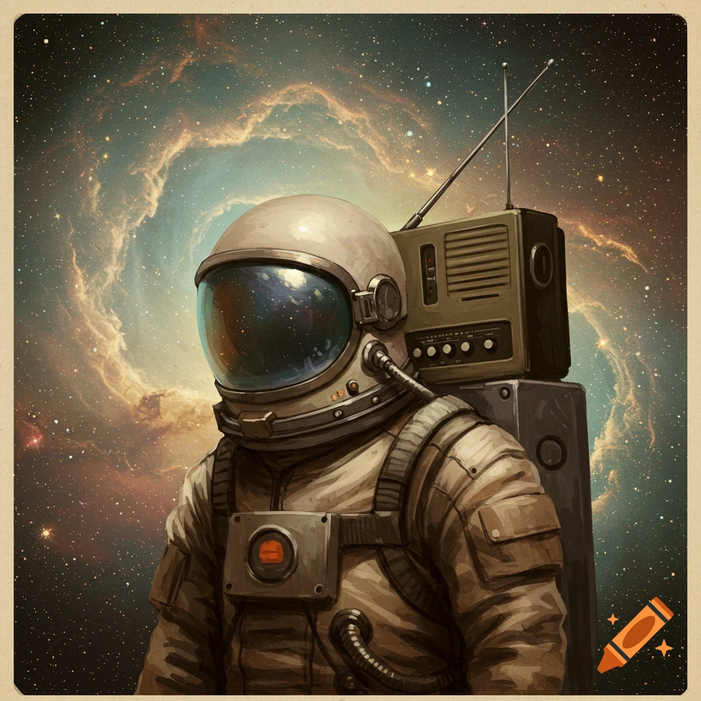 Retro illustration of an astronaut with a radio on their shoulder, looking at a nebula.