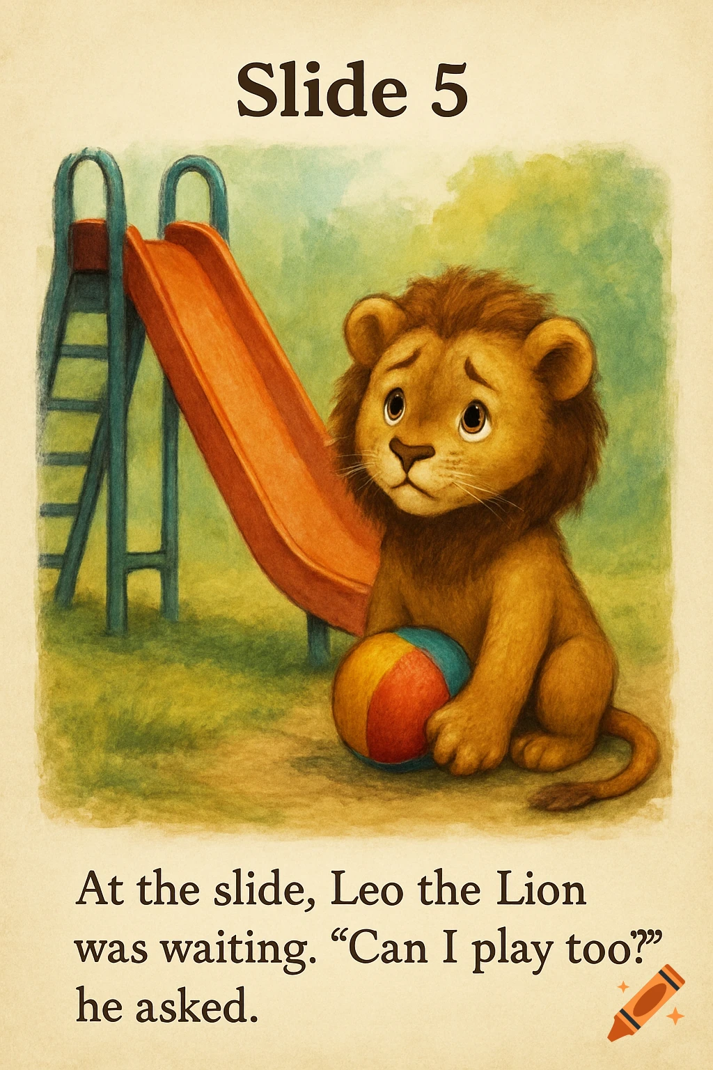 A cute lion cub sits by a slide with a ball in a children's book illustration.