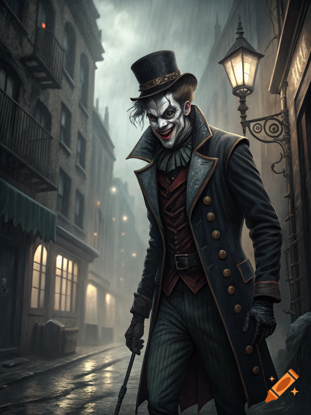 A sinister clown figure in a top hat and coat stands in a rainy, gaslit city alley.
