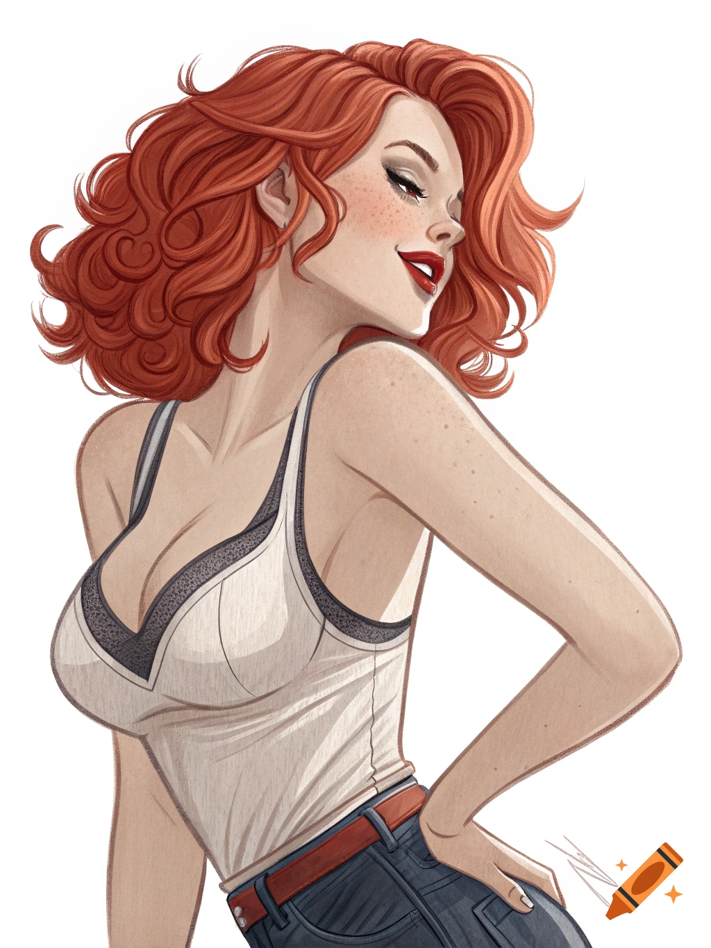 Illustration of a red-haired woman with freckles in a tank top and jeans, hand on hip, smiling seductively