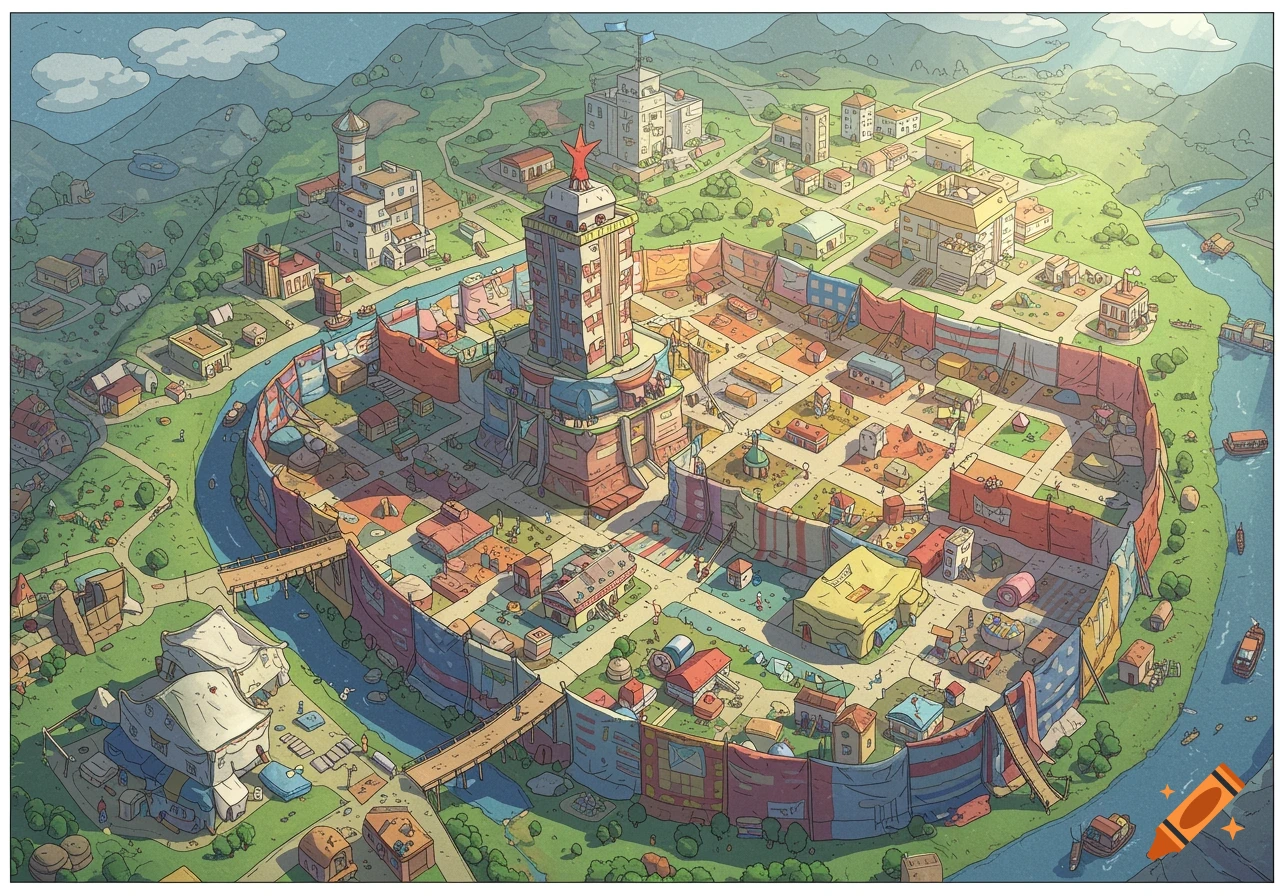 An isometric illustration of a vibrant fantasy city map with a central tower, walls, and river.