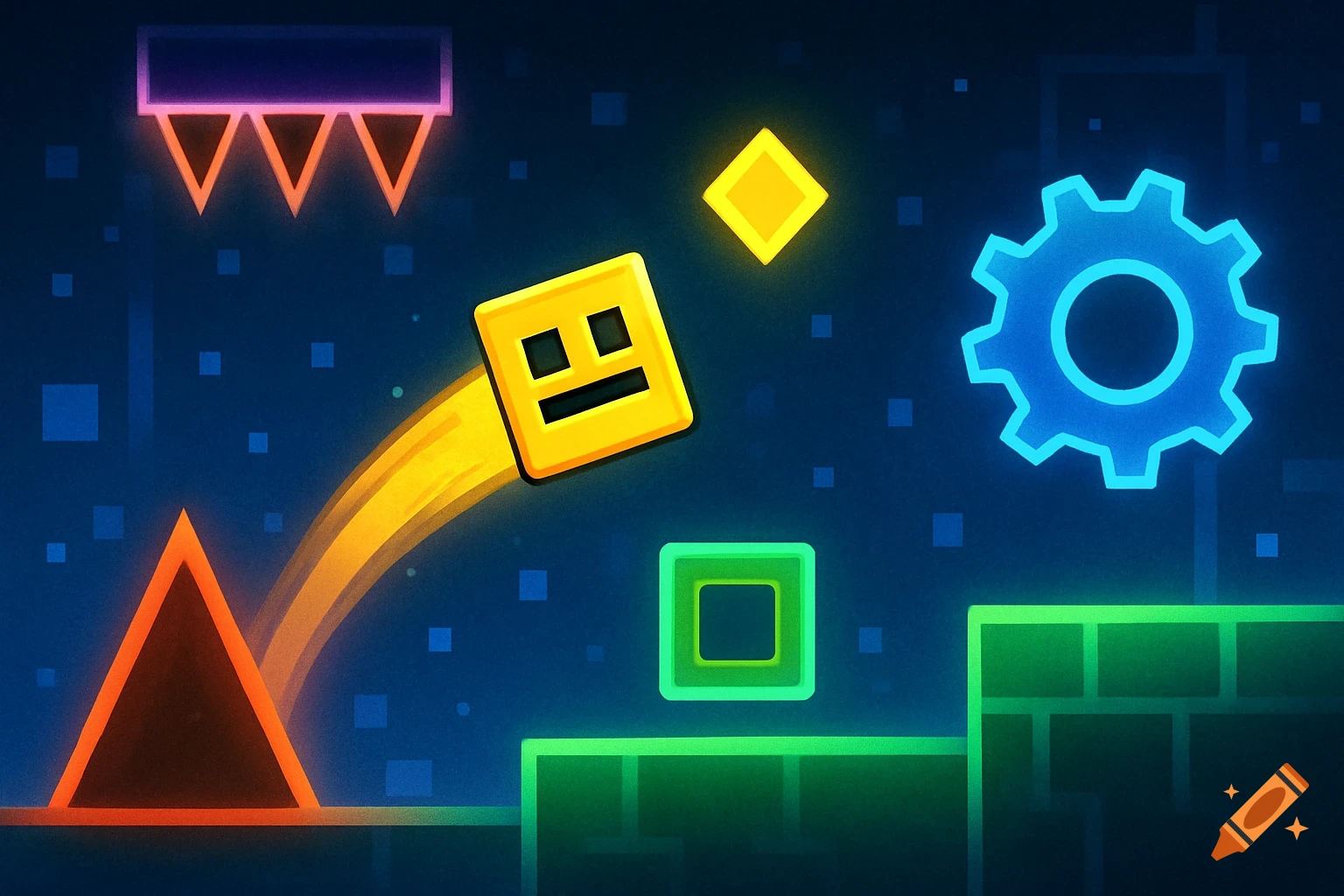 A yellow geometric square character jumping over obstacles in a neon video game style.